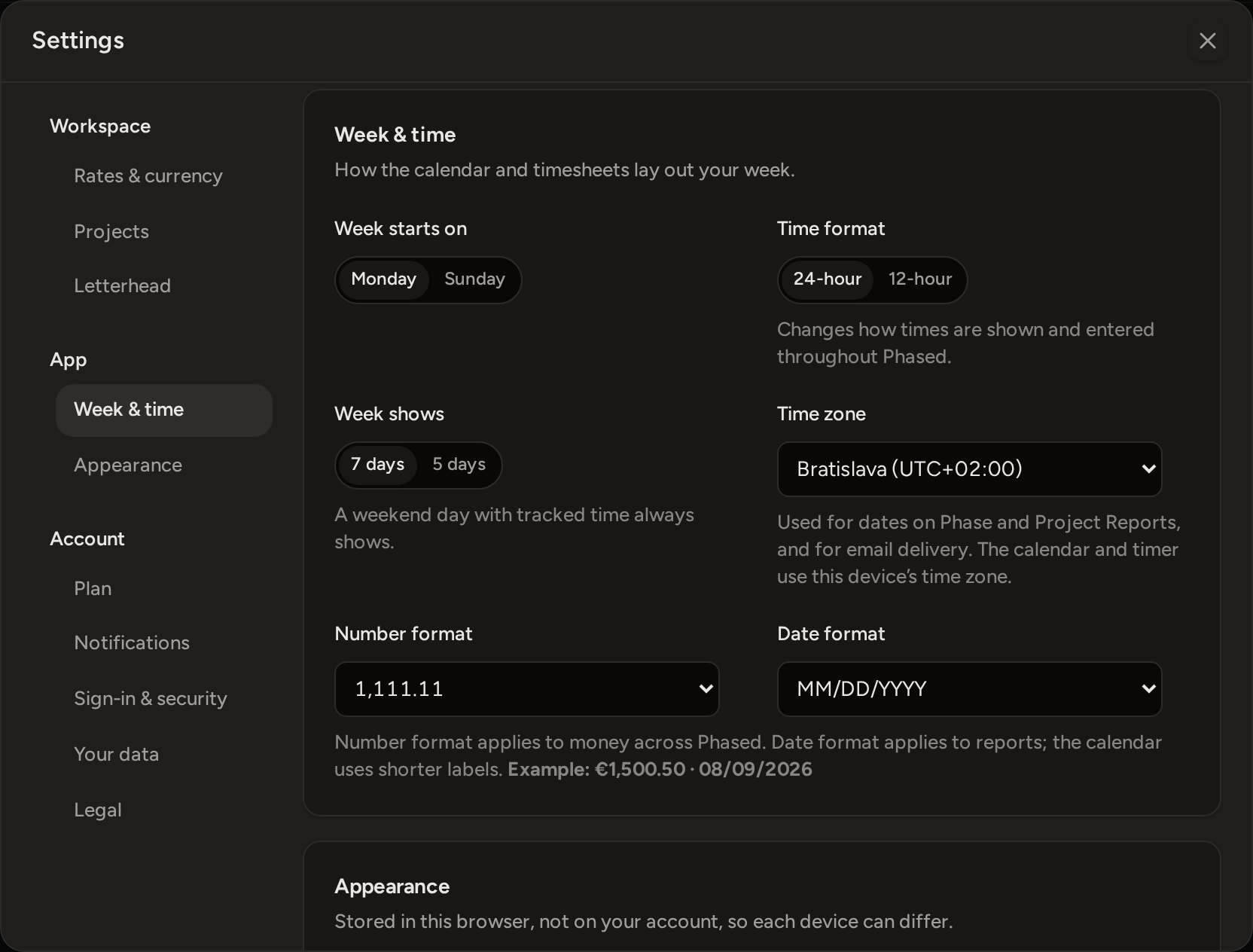 Settings open on Week and time: week start, time format, days shown, time zone, number format and date format.