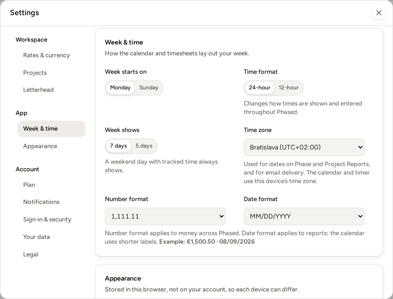 Settings open on Week and time: week start, time format, days shown, time zone, number format and date format.