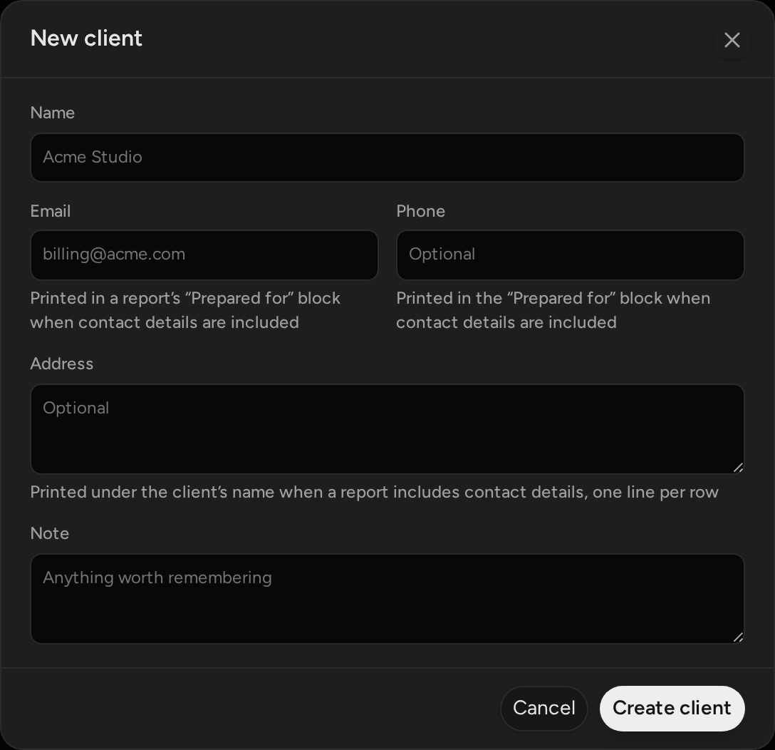 The New client form: Name, Email, Phone, Address and Note, with a note under the contact fields saying where they print on a report.
