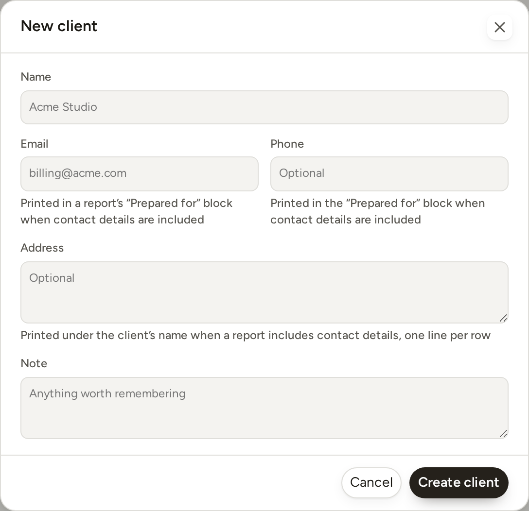 The New client form: Name, Email, Phone, Address and Note, with a note under the contact fields saying where they print on a report.
