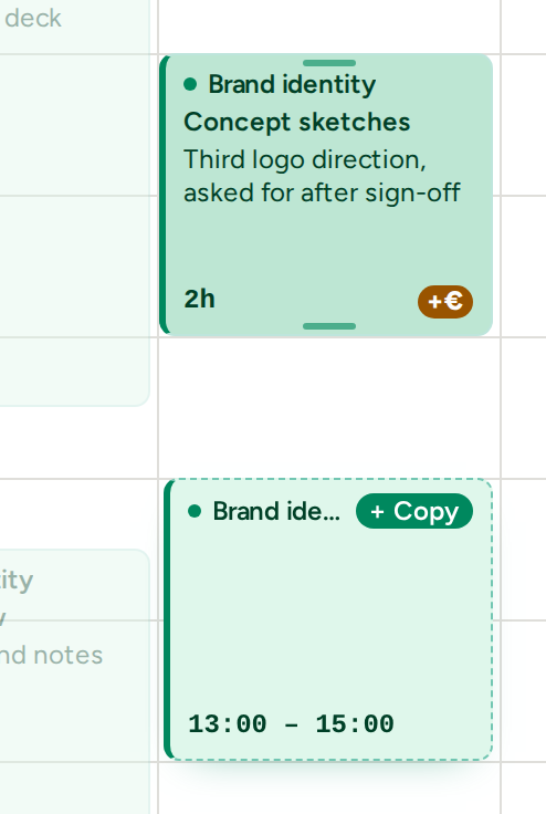 An entry being copied with Alt held: the original stays in place and a dashed copy marked + Copy sits lower down the day, with its new start and end time.