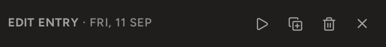 The top of the entry editor: Edit entry and the day, then the start timer, duplicate, delete and close buttons.
