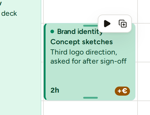 An entry on the calendar with the small bar on its top right corner: the start timer button and the duplicate button.