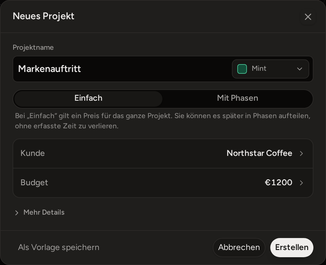 Das ausgefüllte Formular „Neues Projekt“: Markenauftritt, „Einfach“ gewählt, Kunde Northstar Coffee, Budget 1.200 €, mit der Schaltfläche „Erstellen“.