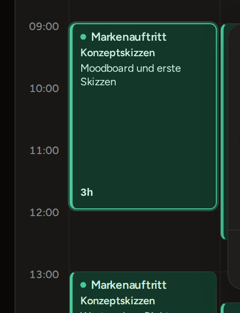 Ein zur Bearbeitung geöffneter Eintrag neben seinem Block im Kalender: Projekt, Aufgabe, Notiz sowie Beginn, Ende und Dauer.