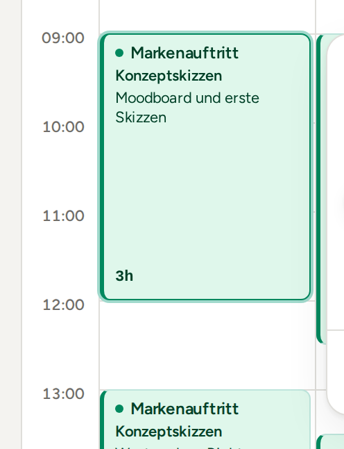 Ein zur Bearbeitung geöffneter Eintrag neben seinem Block im Kalender: Projekt, Aufgabe, Notiz sowie Beginn, Ende und Dauer.
