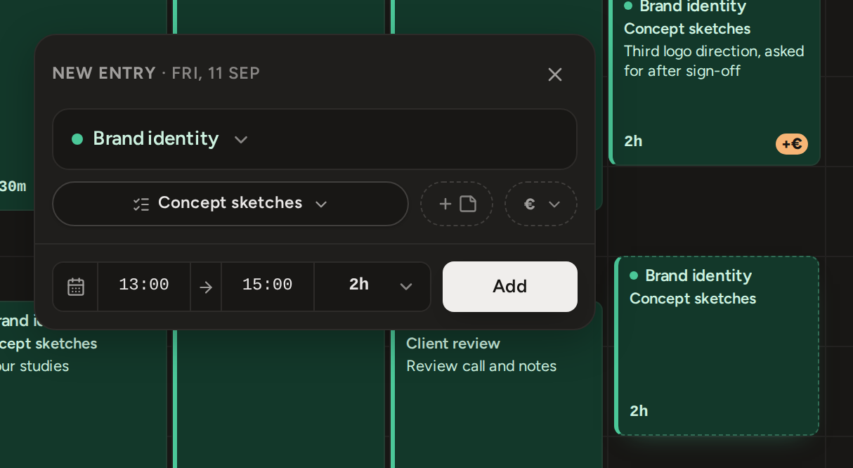 A block drawn on an empty afternoon and the New entry panel beside it: the project and a task chosen, the start, end and duration in the footer, and Add.