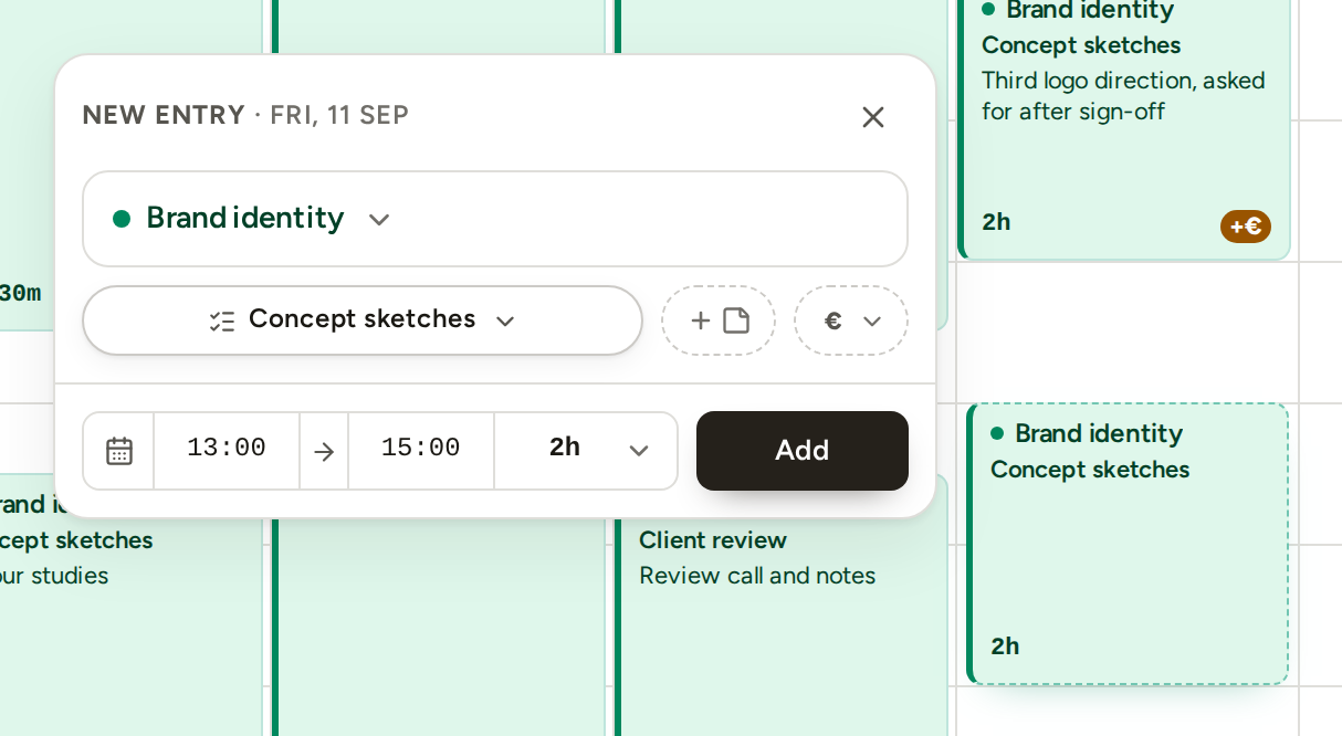 A block drawn on an empty afternoon and the New entry panel beside it: the project and a task chosen, the start, end and duration in the footer, and Add.
