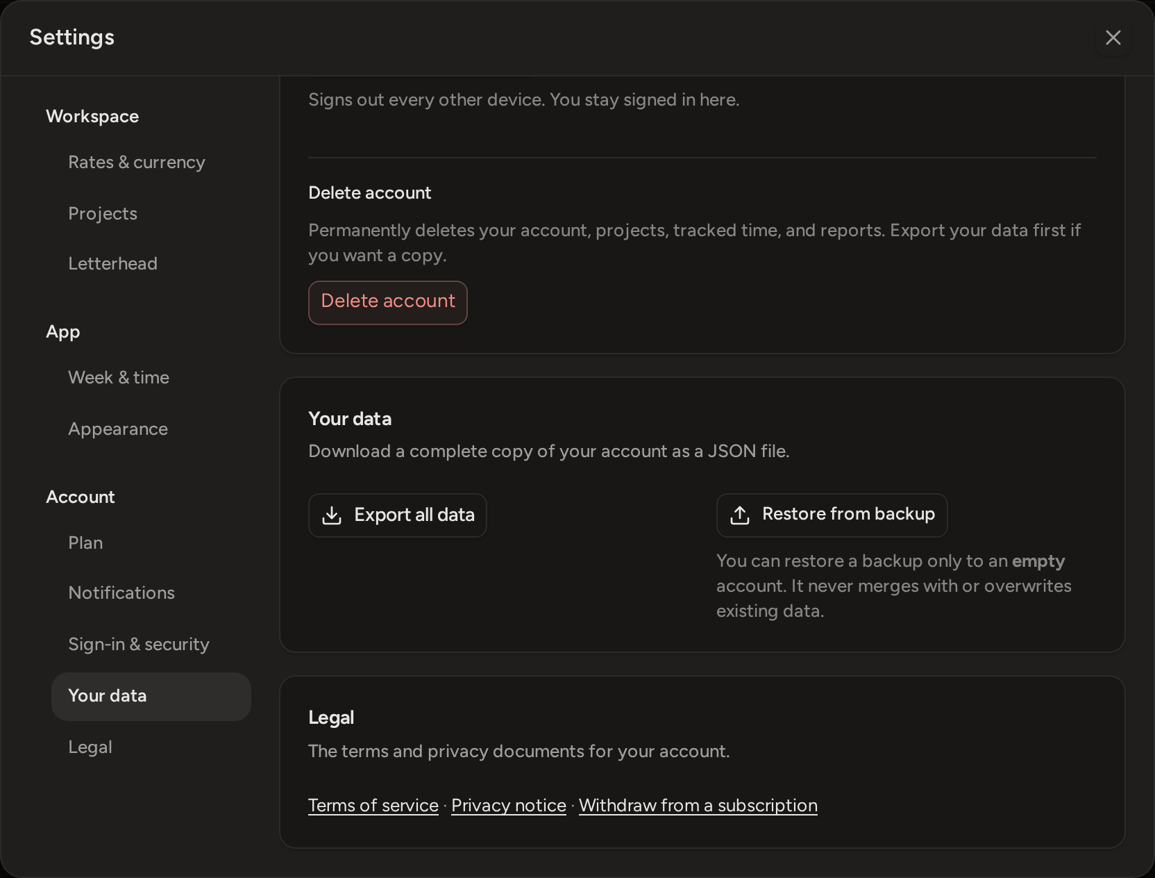 Settings open on Your data: Export all data and Restore from backup, with Delete account above and the legal links below.