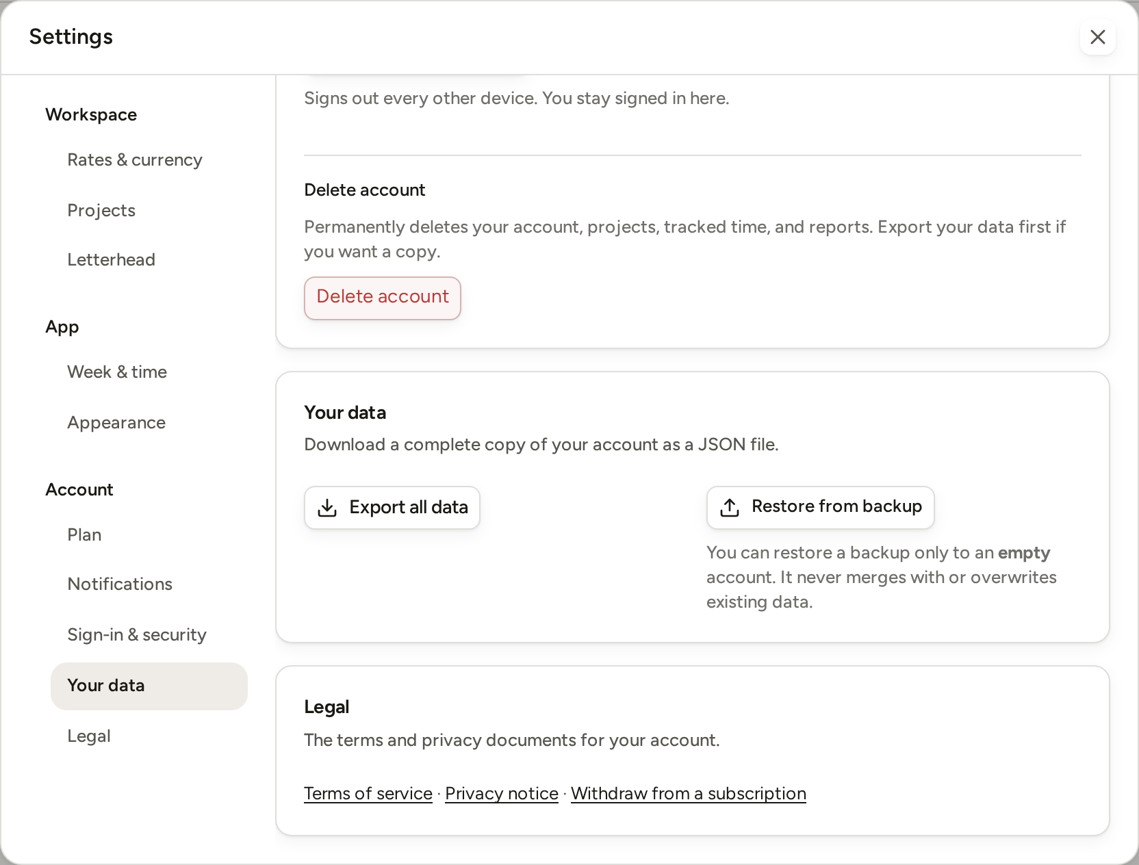 Settings open on Your data: Export all data and Restore from backup, with Delete account above and the legal links below.