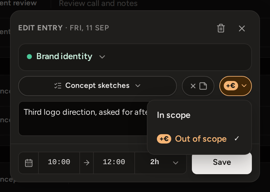 An entry marked Out of scope: the scope chip at the end of the row wears a plus-currency badge, and its open menu lists In scope and Out of scope with the tick on Out of scope.