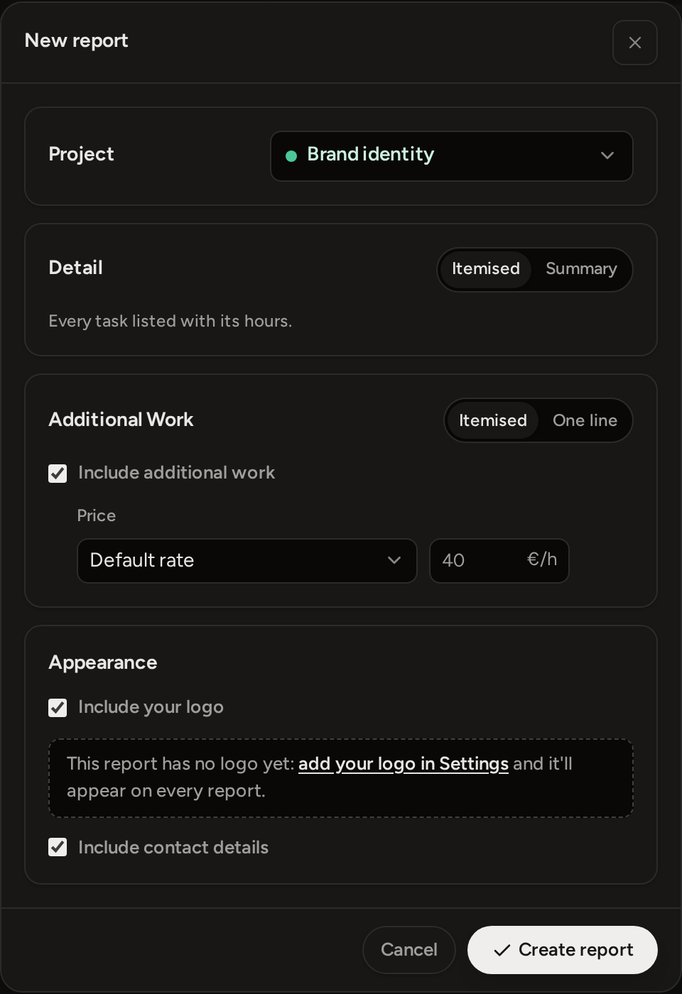 The Project report form on a simple project: the project, Detail as Itemised or Summary, Additional Work as Itemised or One line with its price, Appearance, and Create report.