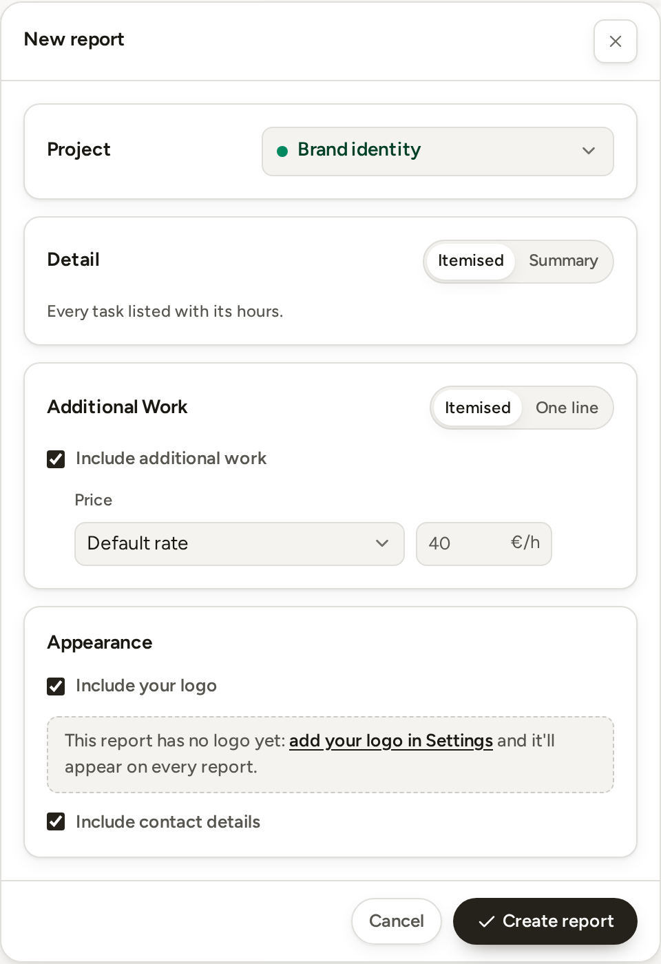 The Project report form on a simple project: the project, Detail as Itemised or Summary, Additional Work as Itemised or One line with its price, Appearance, and Create report.