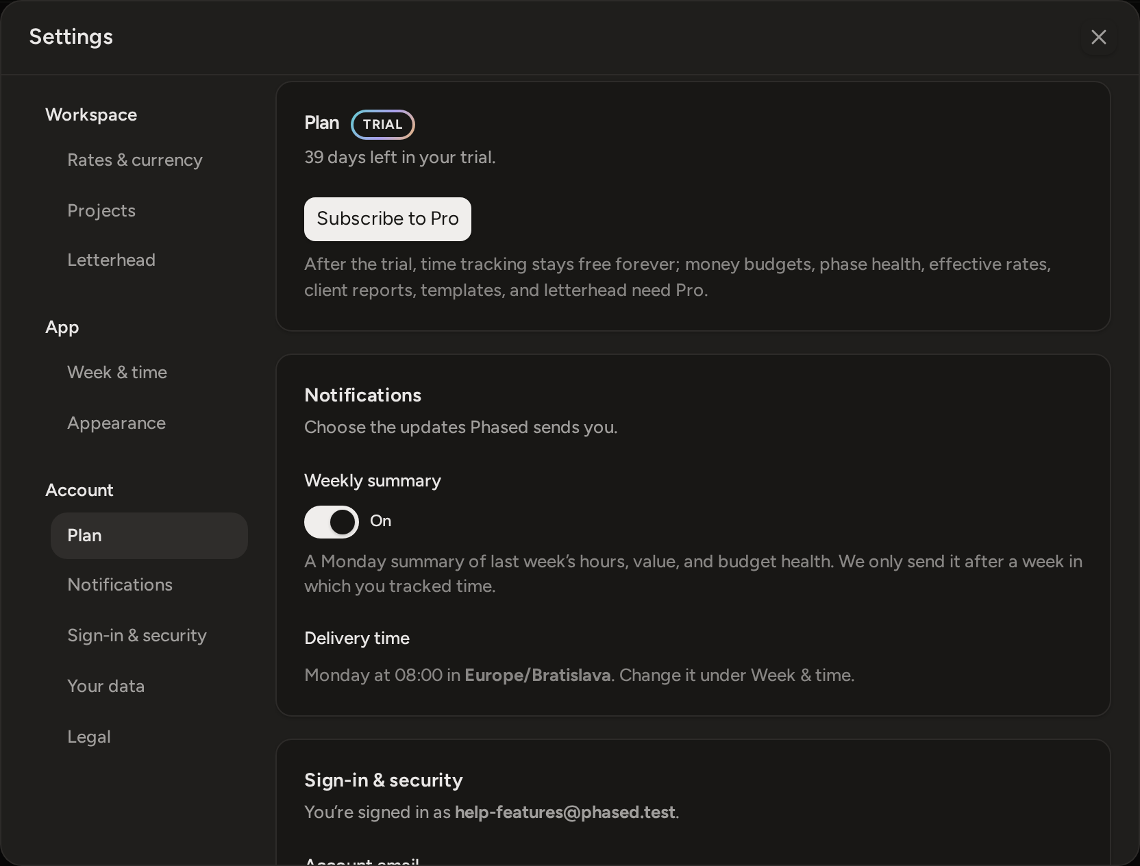 Settings open on Plan during the trial: the days left and Subscribe to Pro.