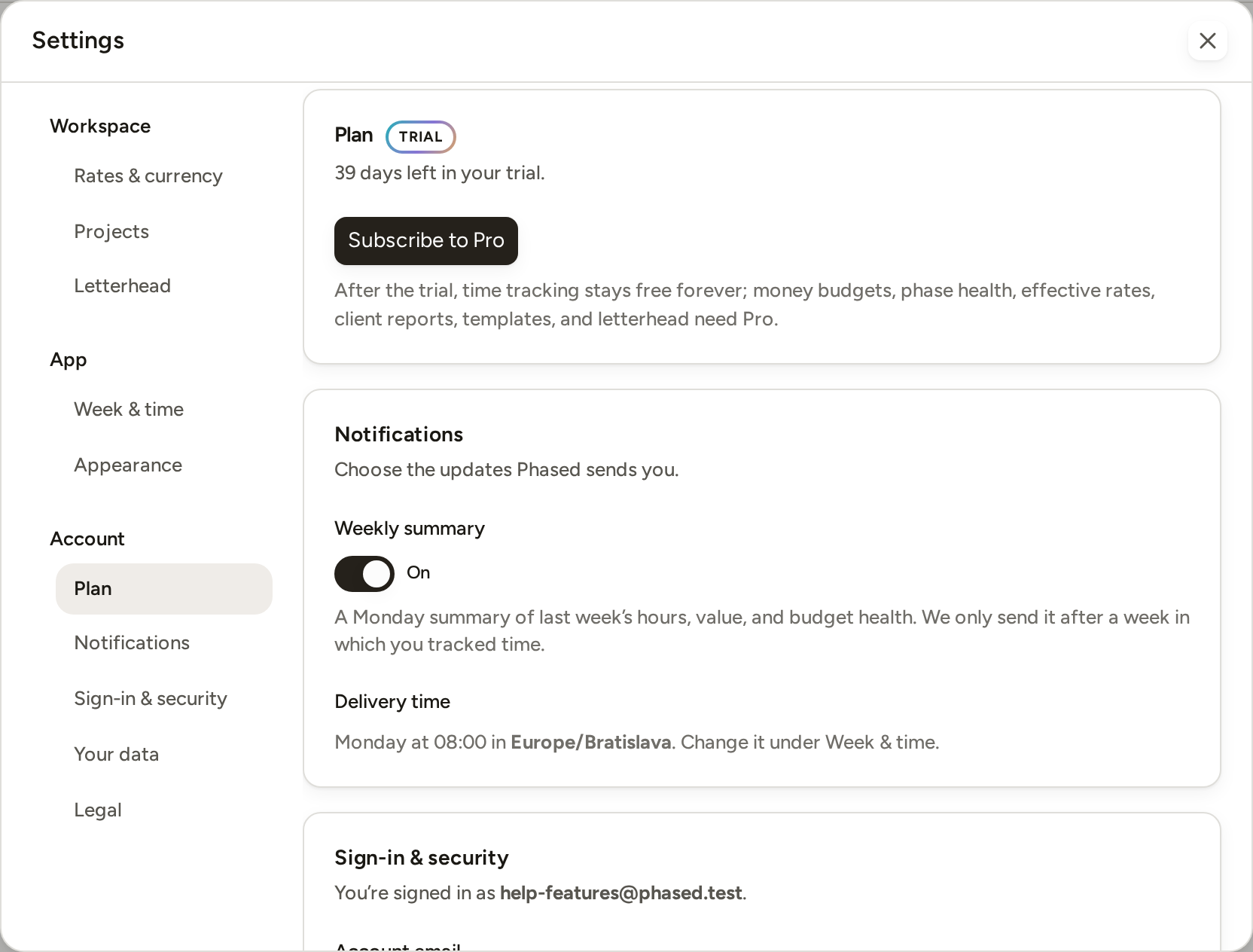 Settings open on Plan during the trial: the days left and Subscribe to Pro.