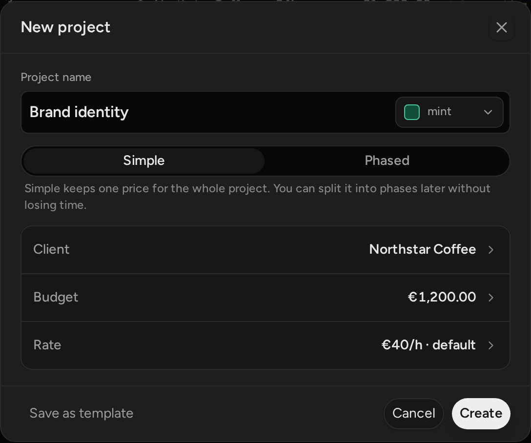 The New project form filled in: Brand identity, Simple selected, client Northstar Coffee, budget €1,200, rate €40/h from your workspace default, with the Create button.
