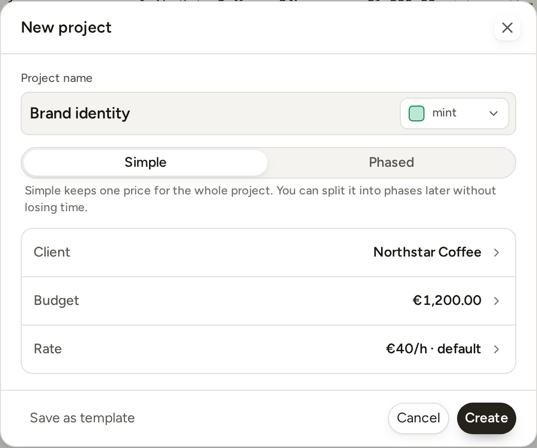 The New project form filled in: Brand identity, Simple selected, client Northstar Coffee, budget €1,200, rate €40/h from your workspace default, with the Create button.