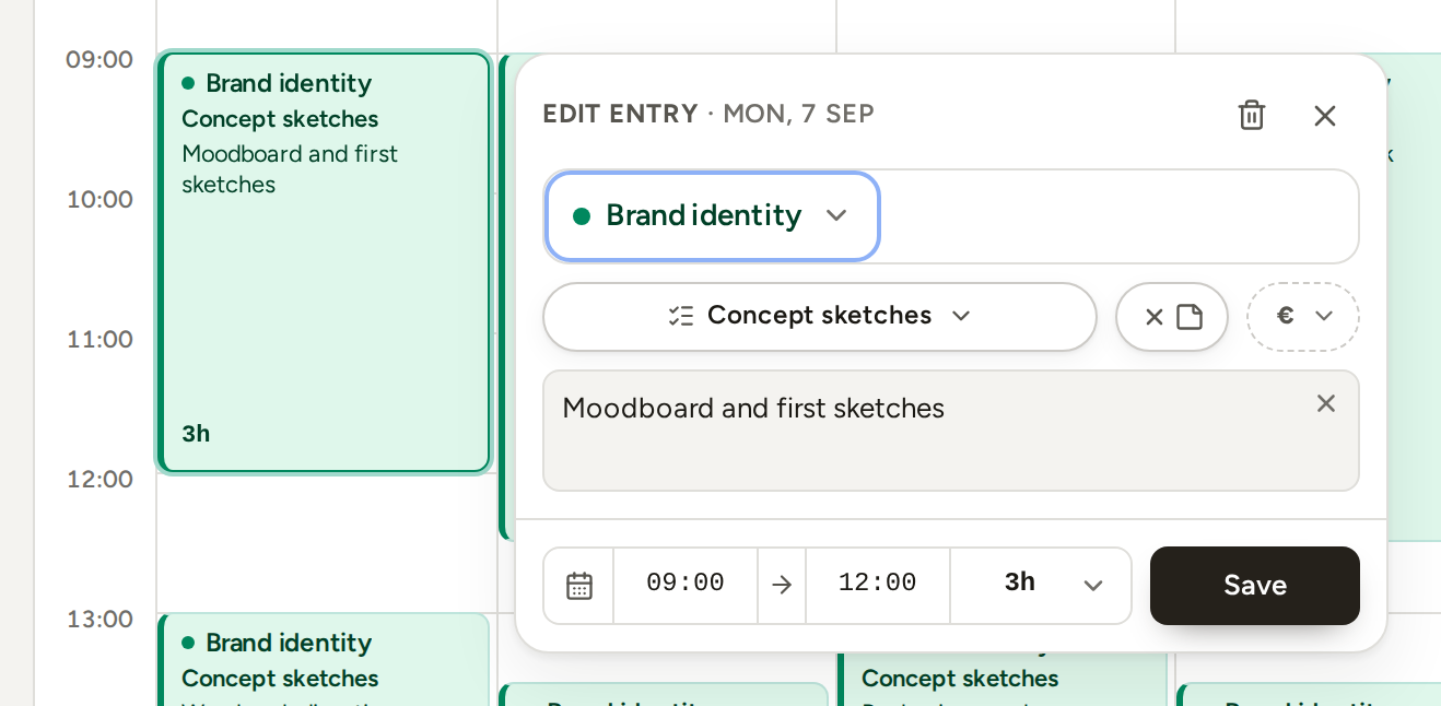 An entry open for editing beside its calendar block: the project on top, then the task, note and scope chips, the note, and the day, start, end and duration in the footer.