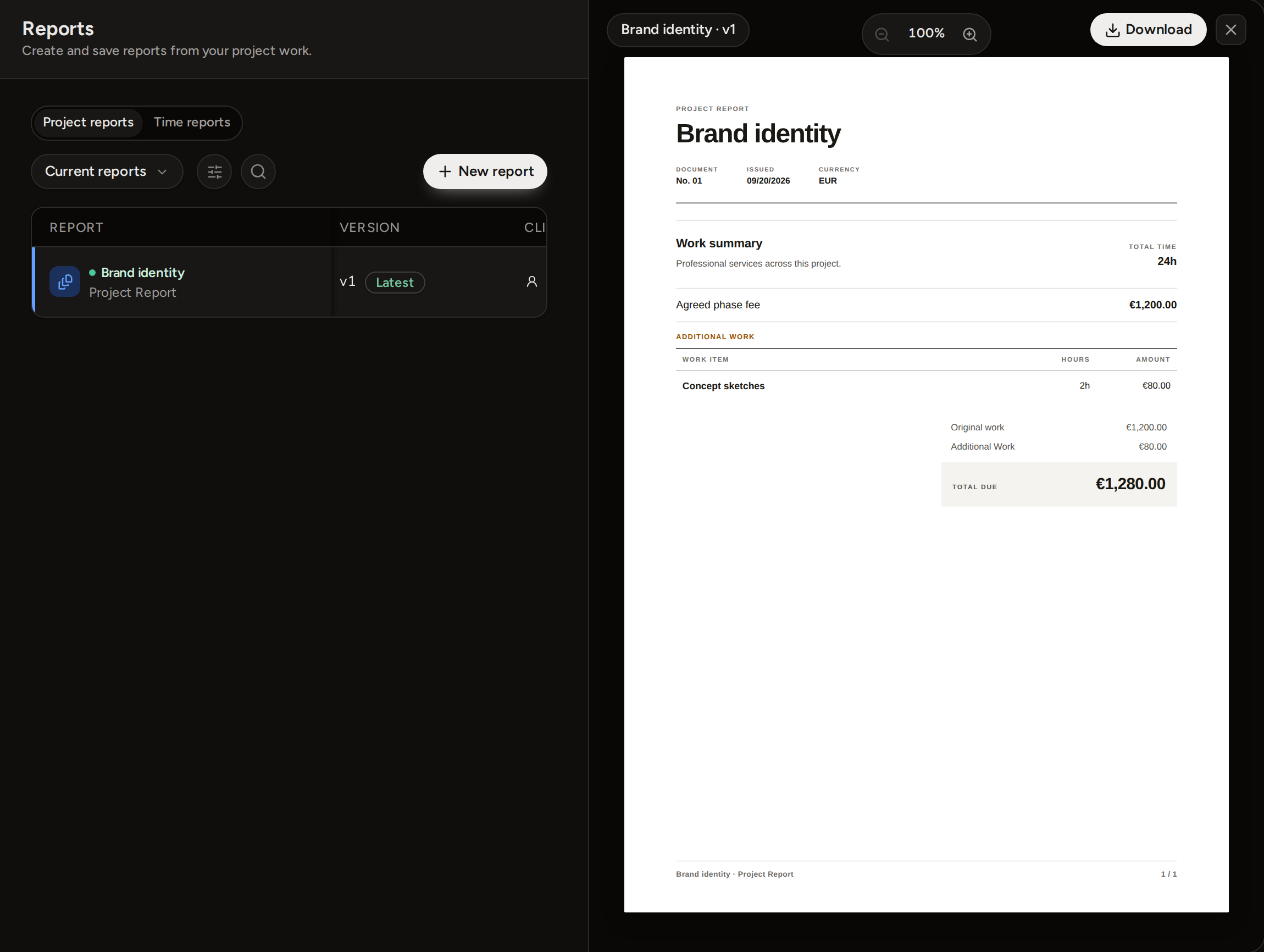 The Reports page with a saved Project Report open beside its row: the document's first page with the work summary, the agreed fee, the Additional Work line and the total, and a Download button.