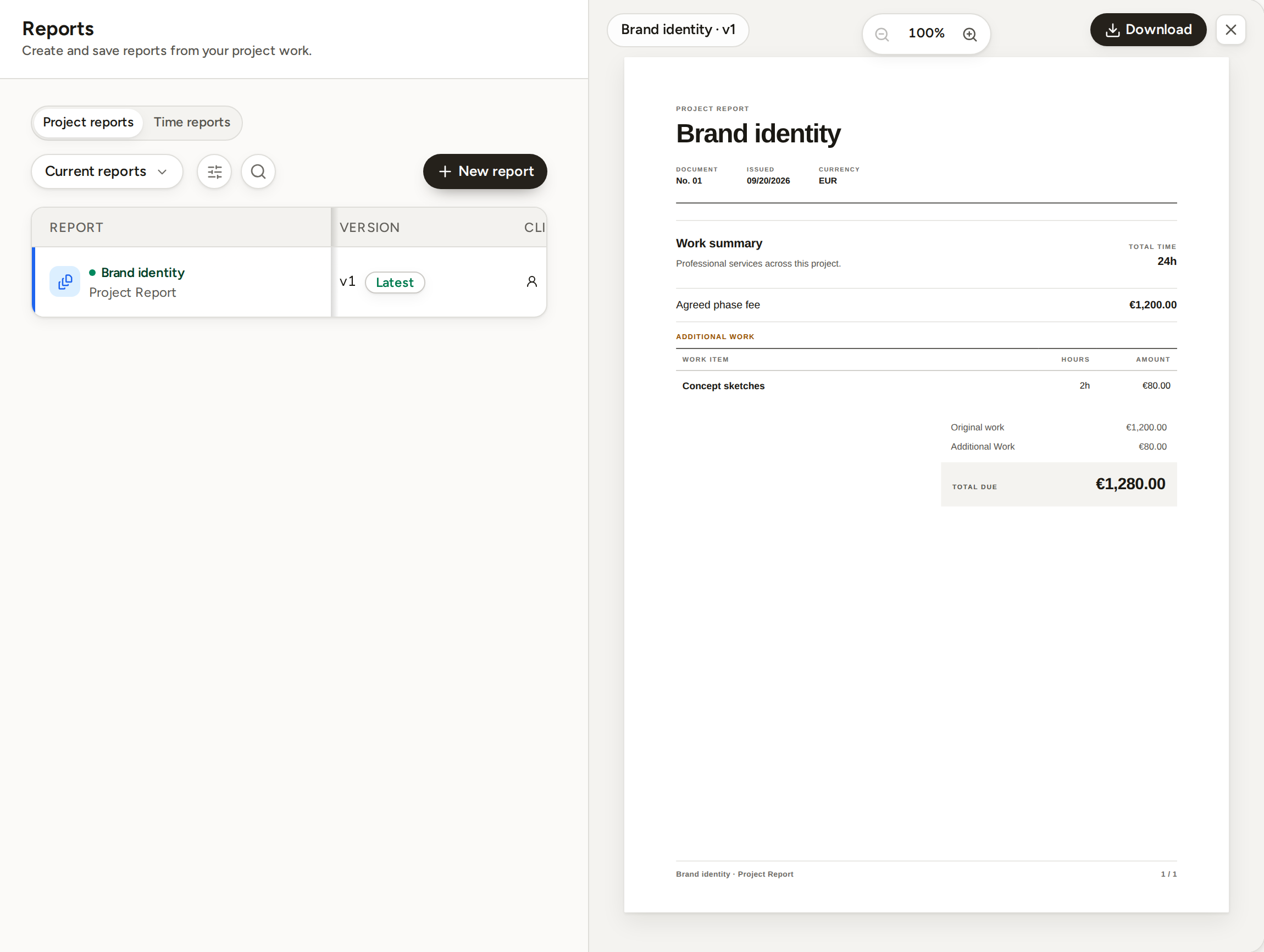 The Reports page with a saved Project Report open beside its row: the document's first page with the work summary, the agreed fee, the Additional Work line and the total, and a Download button.
