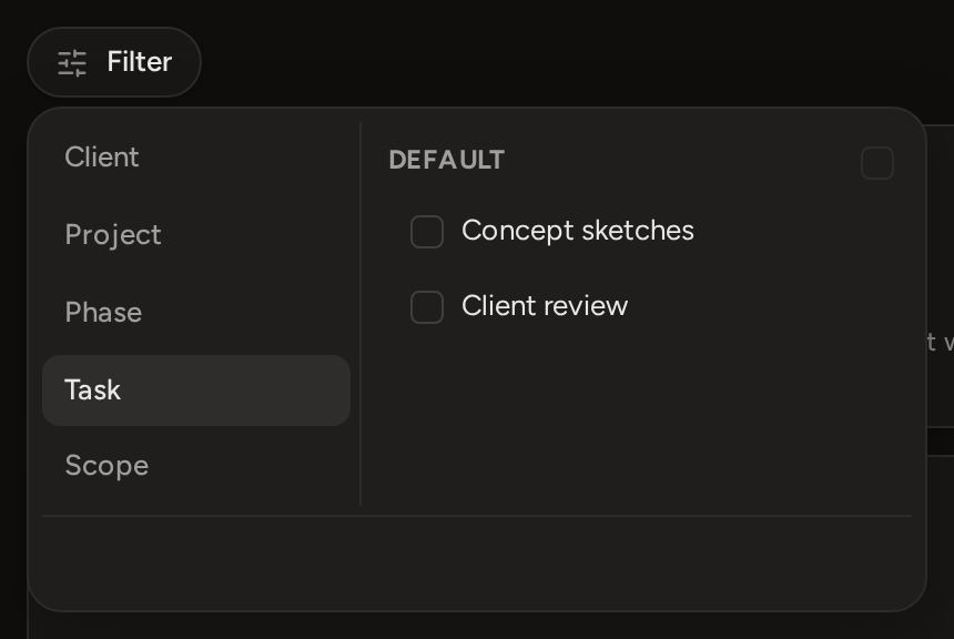 Filter entries open on the Task tab: Client, Project, Phase, Task and Scope on the left, the Default group's task names with checkboxes on the right.
