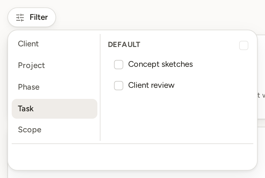 Filter entries open on the Task tab: Client, Project, Phase, Task and Scope on the left, the Default group's task names with checkboxes on the right.