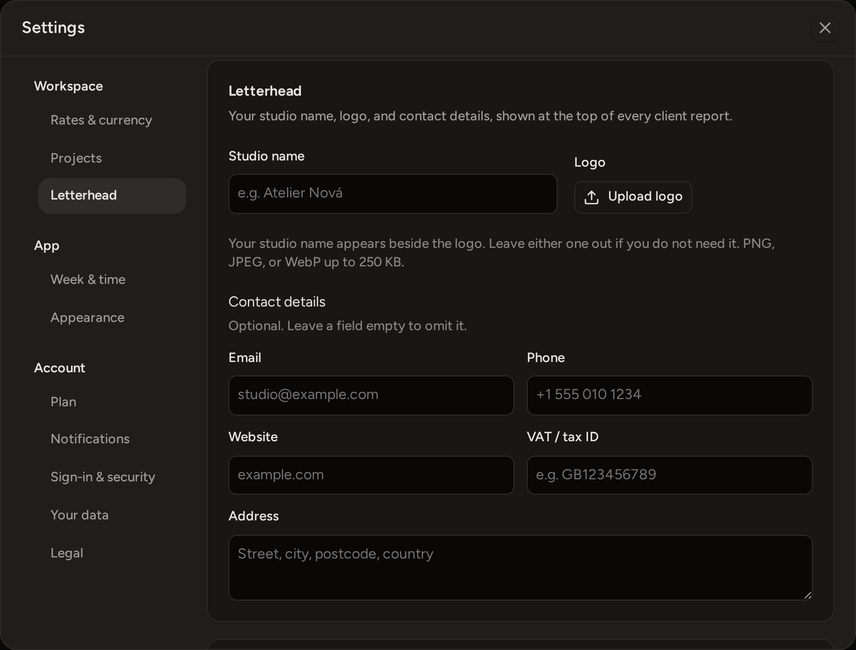 Settings open on Letterhead: the studio name, Upload logo, the contact details and the address.