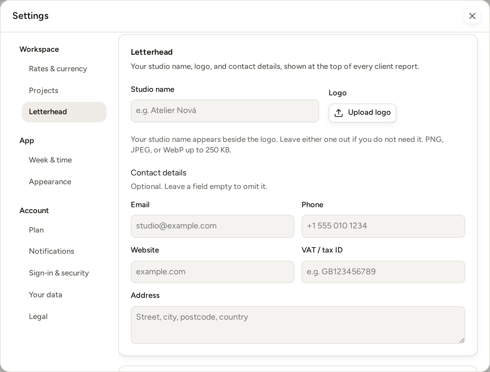 Settings open on Letterhead: the studio name, Upload logo, the contact details and the address.