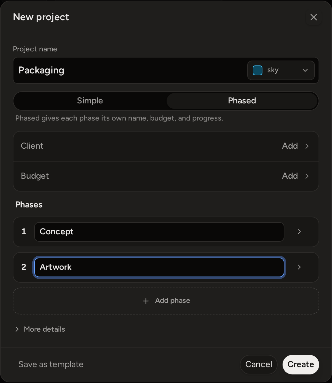 The New project form with Phased chosen: the name, the client and budget rows, two phase rows named Concept and Artwork, and Add phase.
