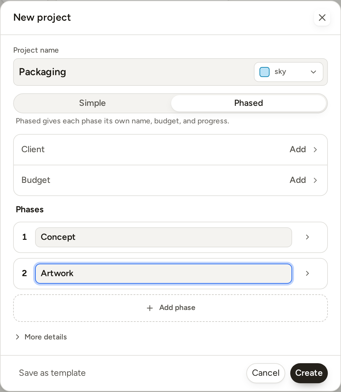 The New project form with Phased chosen: the name, the client and budget rows, two phase rows named Concept and Artwork, and Add phase.