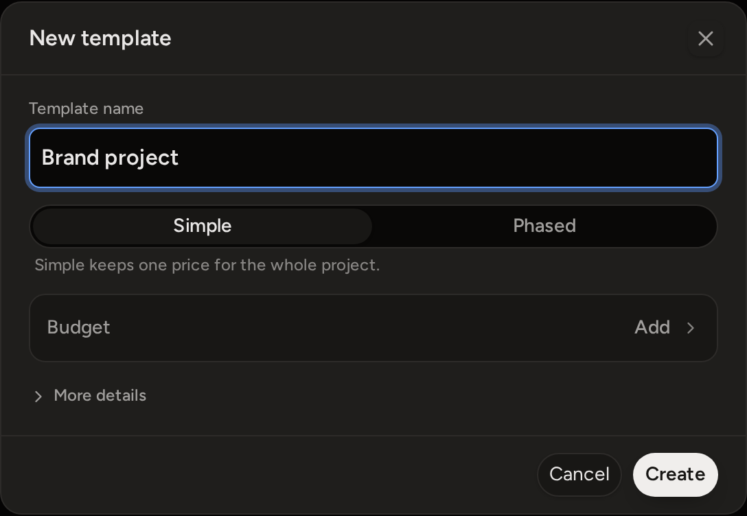 The New template form: the template name, Simple or Phased, the budget row and More details.
