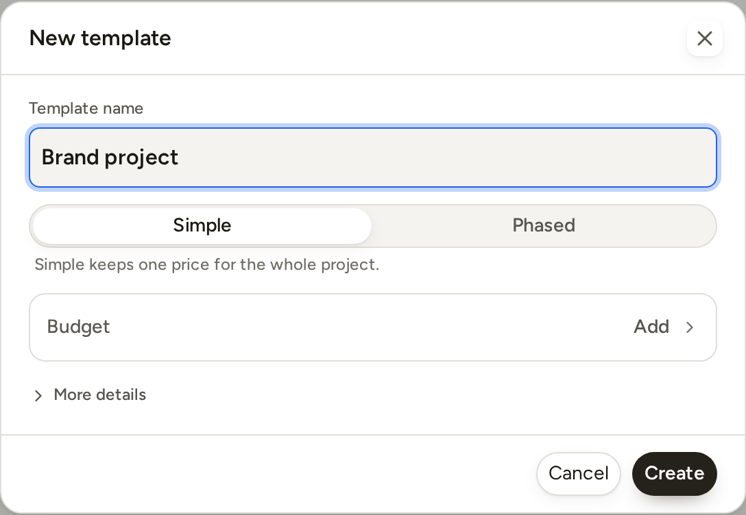 The New template form: the template name, Simple or Phased, the budget row and More details.