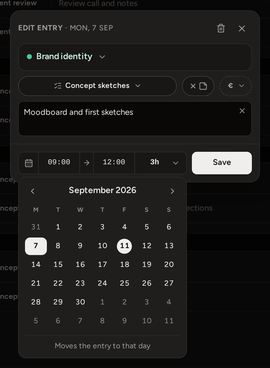 The editor with Change day open under its footer: a month grid with the entry's day filled and a footer line reading Moves the entry to that day.