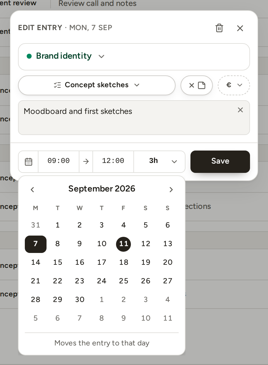 The editor with Change day open under its footer: a month grid with the entry's day filled and a footer line reading Moves the entry to that day.