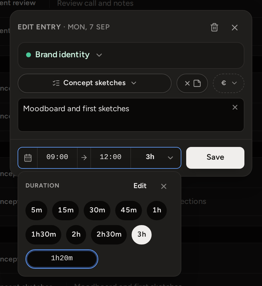 The Duration panel open under the footer: a cloud of quick picks from 5m to 3h with the entry's 3h filled, and a new length 1h20m typed into the plus field.