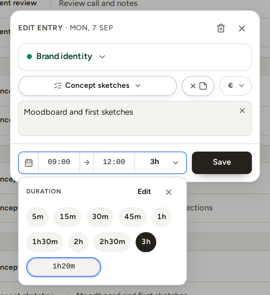 The Duration panel open under the footer: a cloud of quick picks from 5m to 3h with the entry's 3h filled, and a new length 1h20m typed into the plus field.