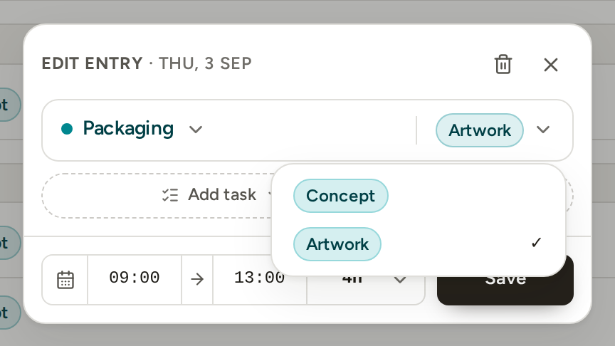 The phase list open on an entry of a phased project, two phases listed and the current one ticked.