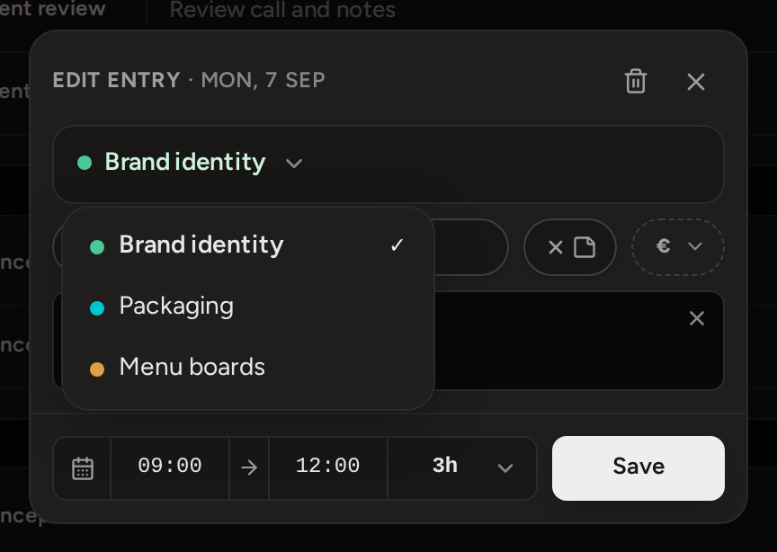 The project list open on an entry, with the current project ticked and a second project below it.