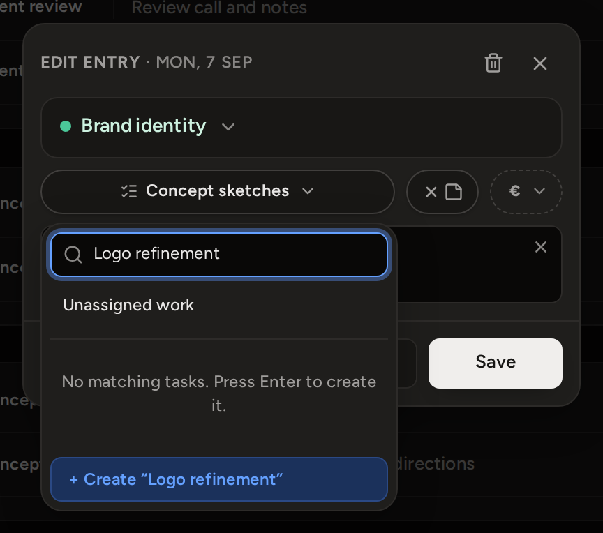 The task list with a new name typed in the search field and a + Create row for it under the list.
