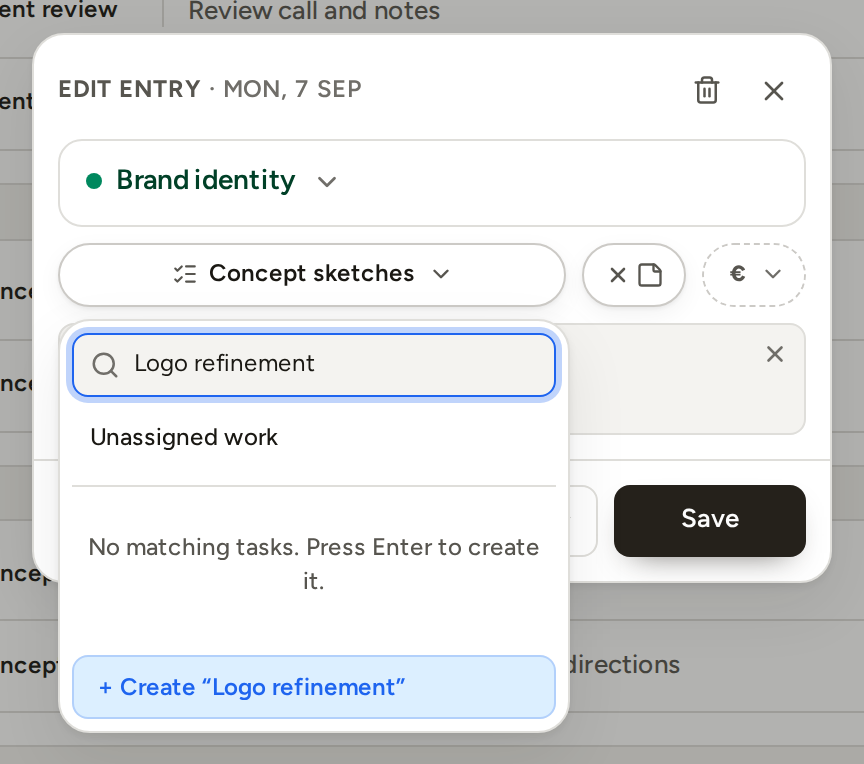 The task list with a new name typed in the search field and a + Create row for it under the list.