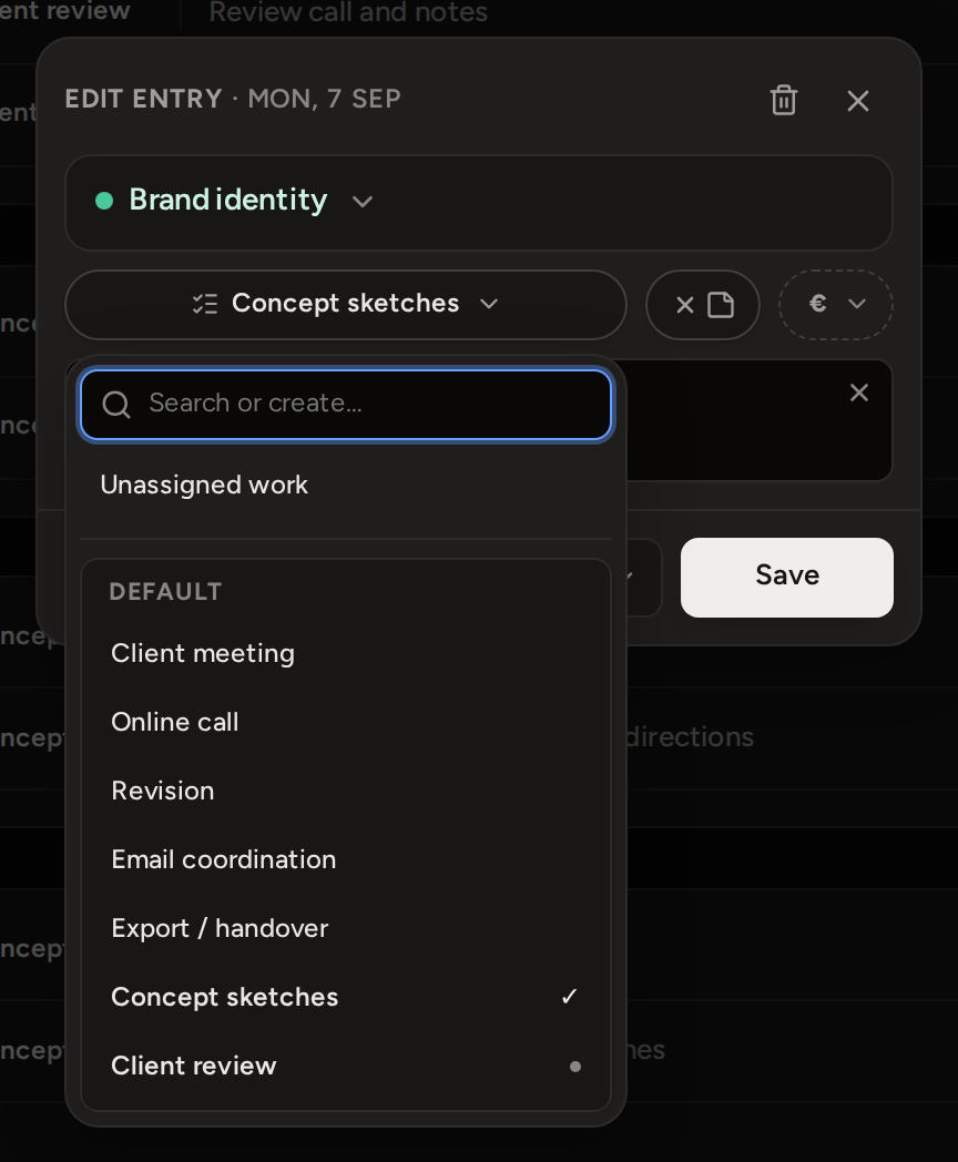 The task list open on an entry: a search field, Unassigned work, then the Default group's names with the current task ticked and a dot on a task that already has time.