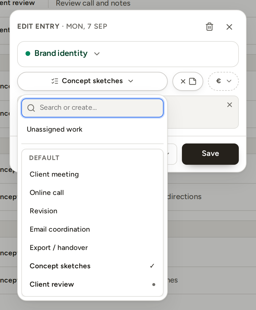 The task list open on an entry: a search field, Unassigned work, then the Default group's names with the current task ticked and a dot on a task that already has time.