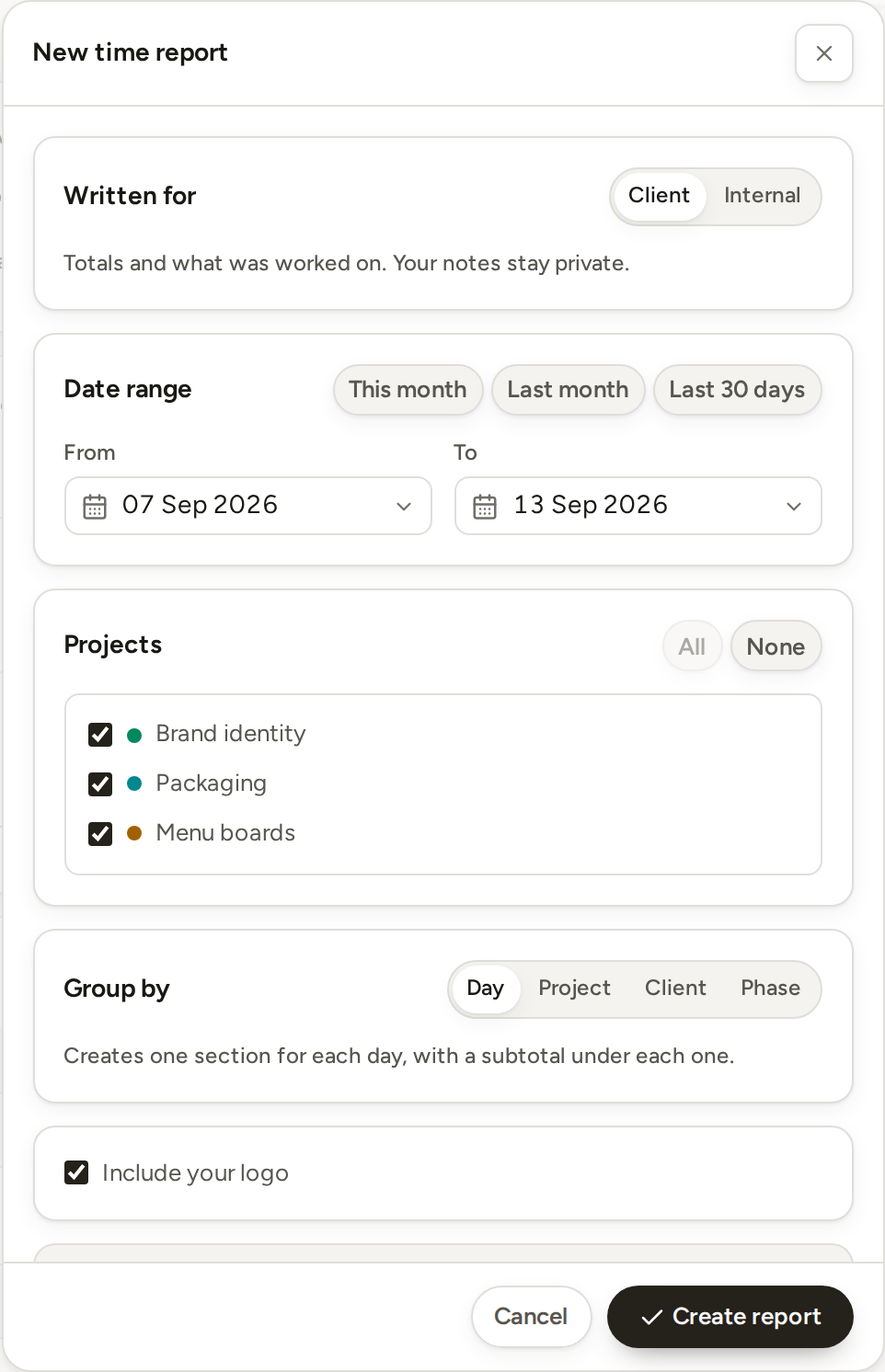 The New time report form: Written for with Client and Internal, the date range with its shortcuts, the project checklist, Group by and Create report.
