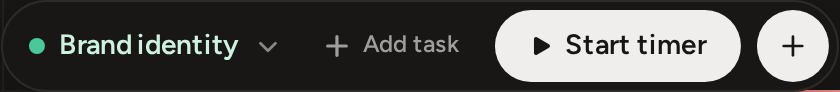 The dock idle at the foot of the calendar: a project picker, Add task, Start timer and the plus.