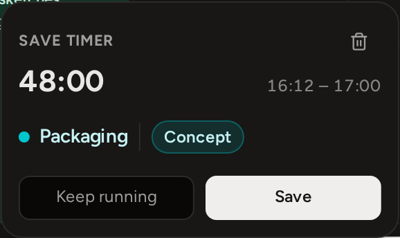 The Save timer panel for a phased project: the elapsed time, the project with its phase picker, Keep running and Save, and a bin to discard the run.