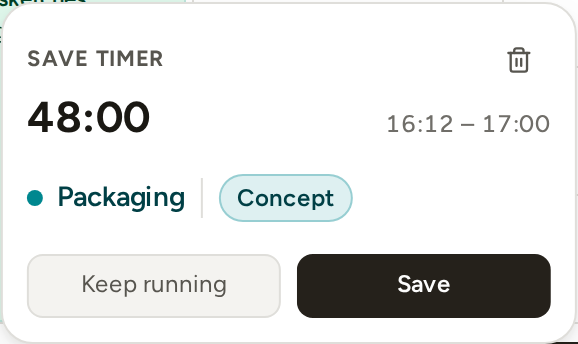 The Save timer panel for a phased project: the elapsed time, the project with its phase picker, Keep running and Save, and a bin to discard the run.