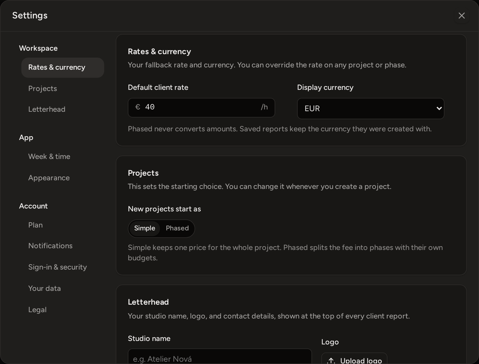 Settings open on Rates and currency: the default rate and the display currency, with the section list on the left.