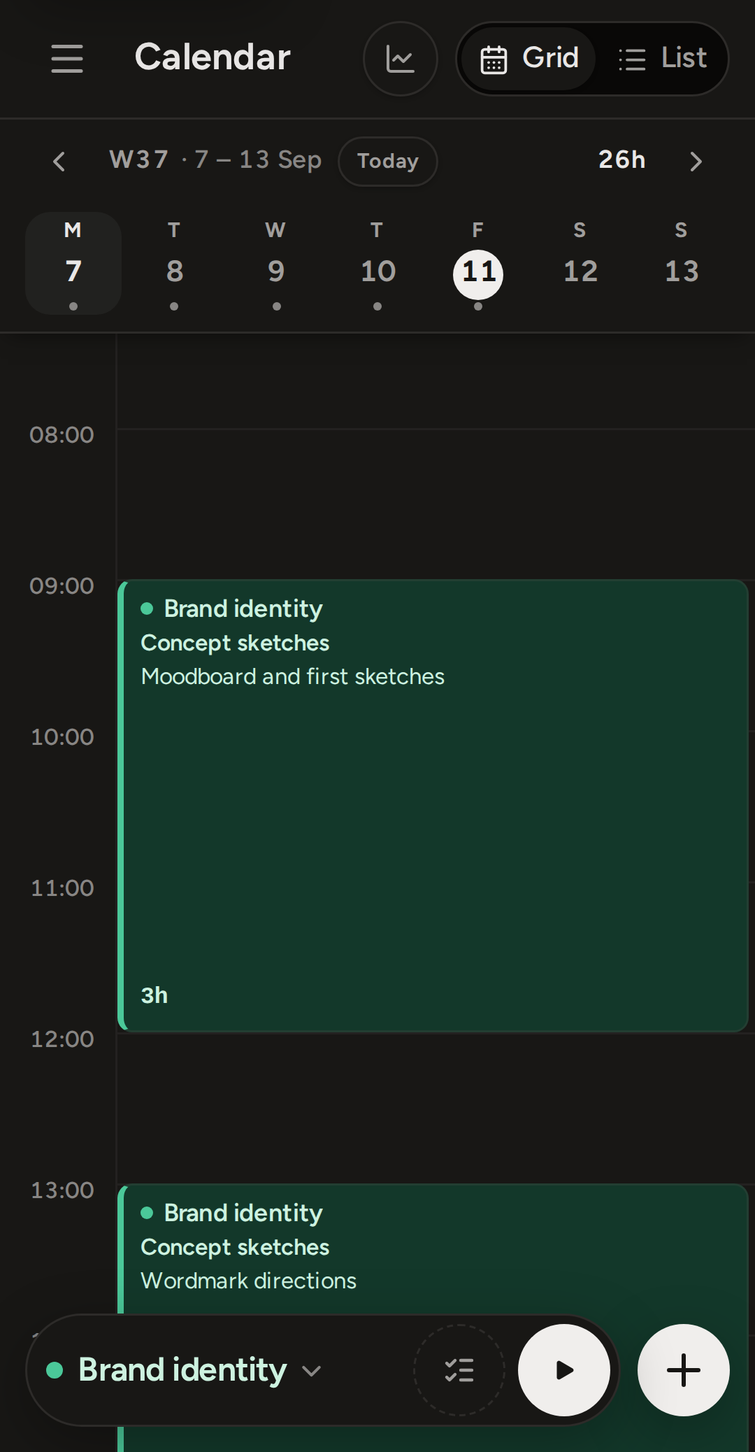 The phone calendar showing one Monday: a week strip along the top, two entries on the day grid, and the timer dock with the plus button at the bottom.