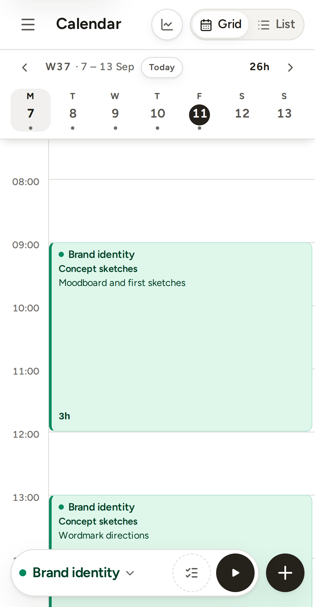 The phone calendar showing one Monday: a week strip along the top, two entries on the day grid, and the timer dock with the plus button at the bottom.