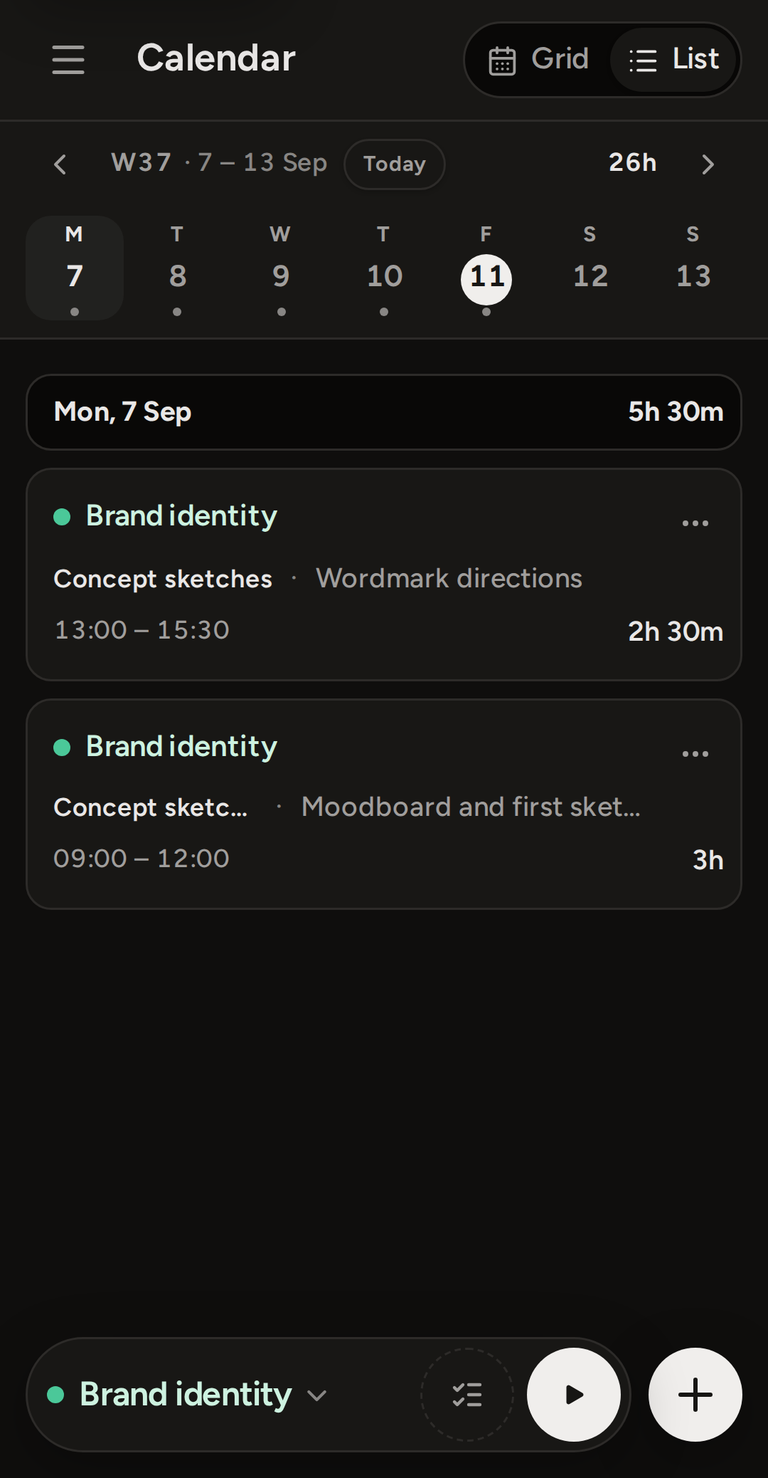 The same Monday as a list on the phone: the day's total in its header, then one row per entry with project, task, note, times and hours.
